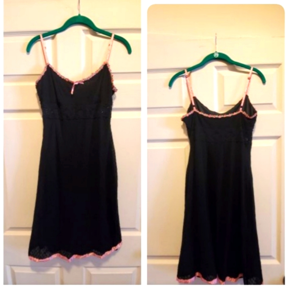 Vintage 90s Betsey Johnson NY Black Mini Dress, Embroidered Pink Flower Trim